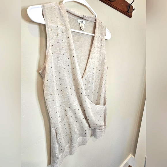 EUC Cache 2 Tone Metal Studded Knit Gray Pearly Faux Wrap Front Blouse - Picture 3 of 7